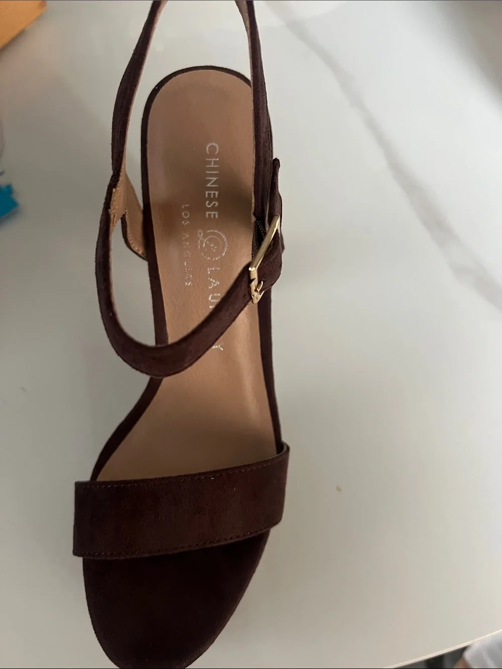 B#102-Chinese Laundry Dark Brown Suede Ankle-Strap Heel